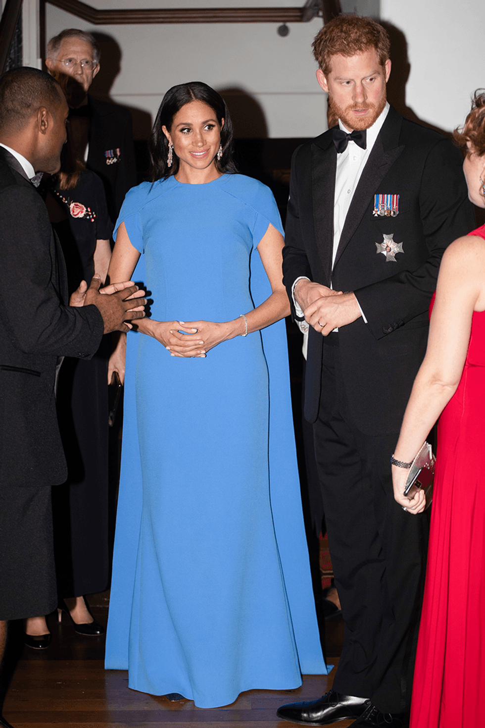 meghan markle maternity style blue evening gown 1613408247