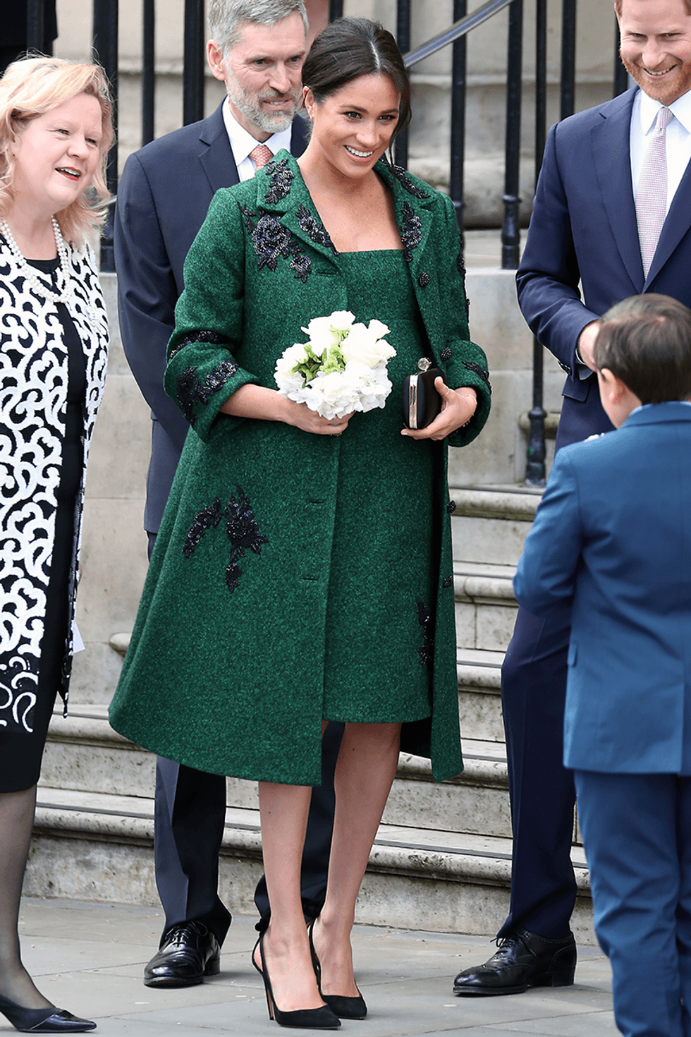 meghan markle maternity style emerald green dress and coat 1613408252