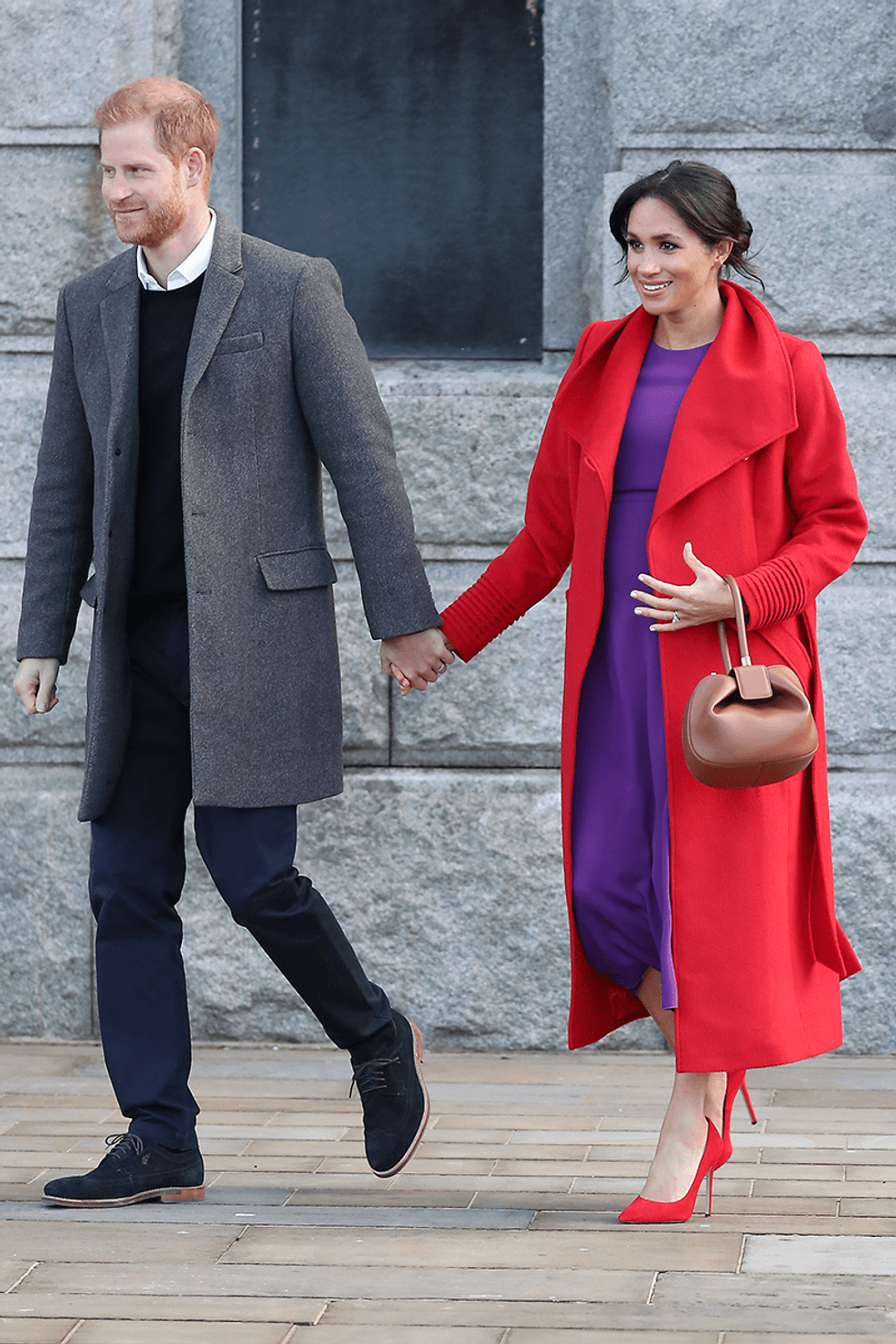 meghan markle maternity style red coat purple dress 1613408252