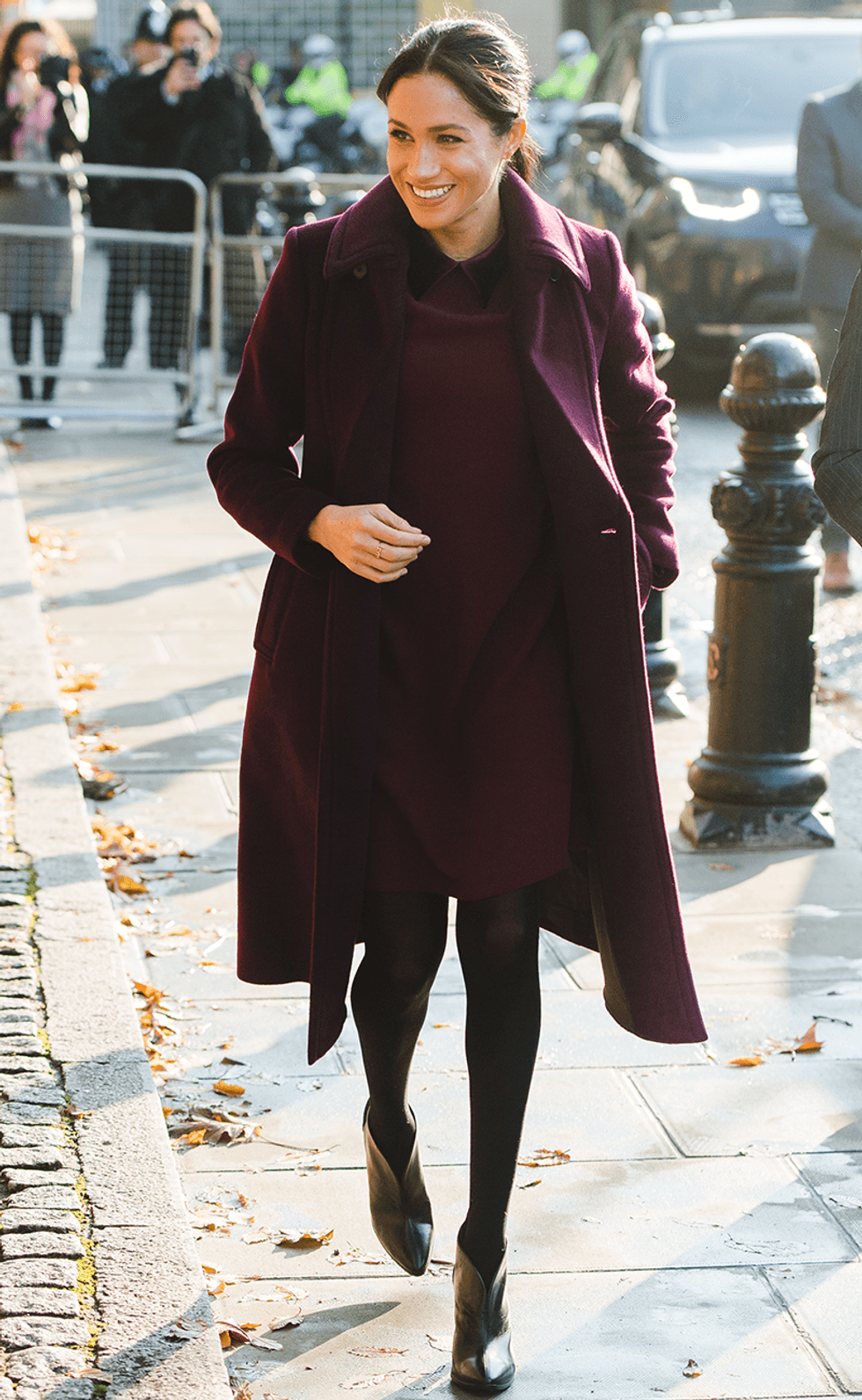 meghan markle maternity style red dress and coat 1613408239