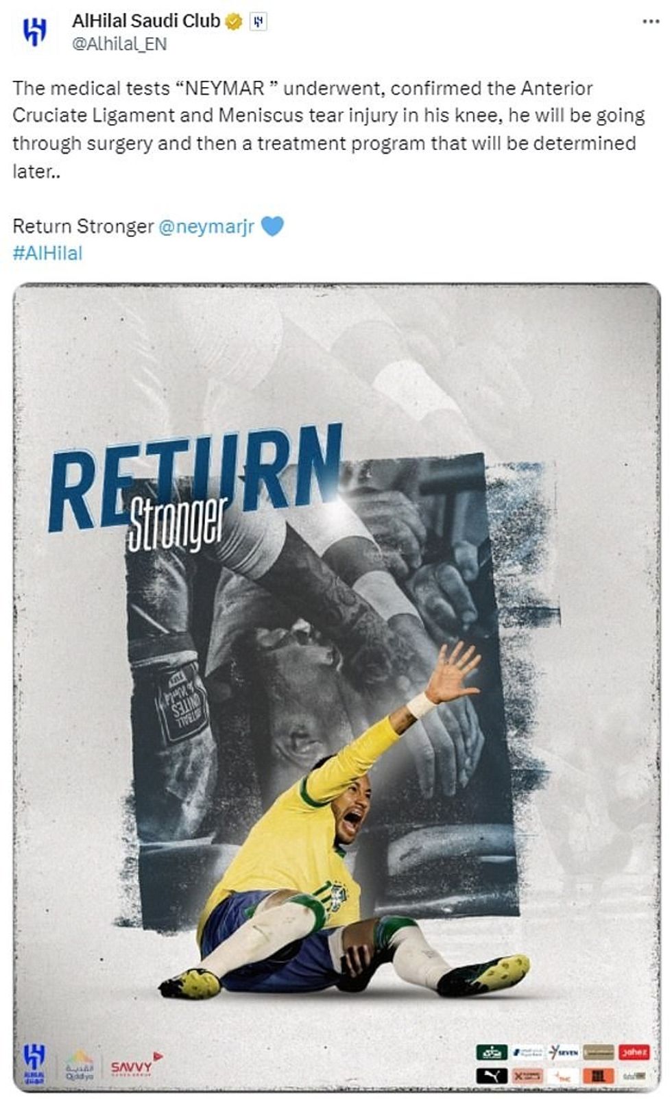 Megjithatë, klubi i tij Al-Hilal është kritikuar për zgjedhjen e tyre të grafikës kur i uruan mirë lojtarit të tyre pasi përdorën një foto të tij duke bërtitur në dysheme nga dhimbjet.