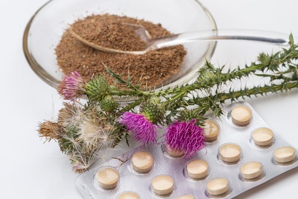 milk thistle plants with powdered extract and supplements