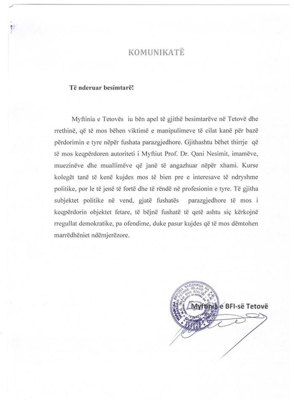 Myftinia e Tetoves apel