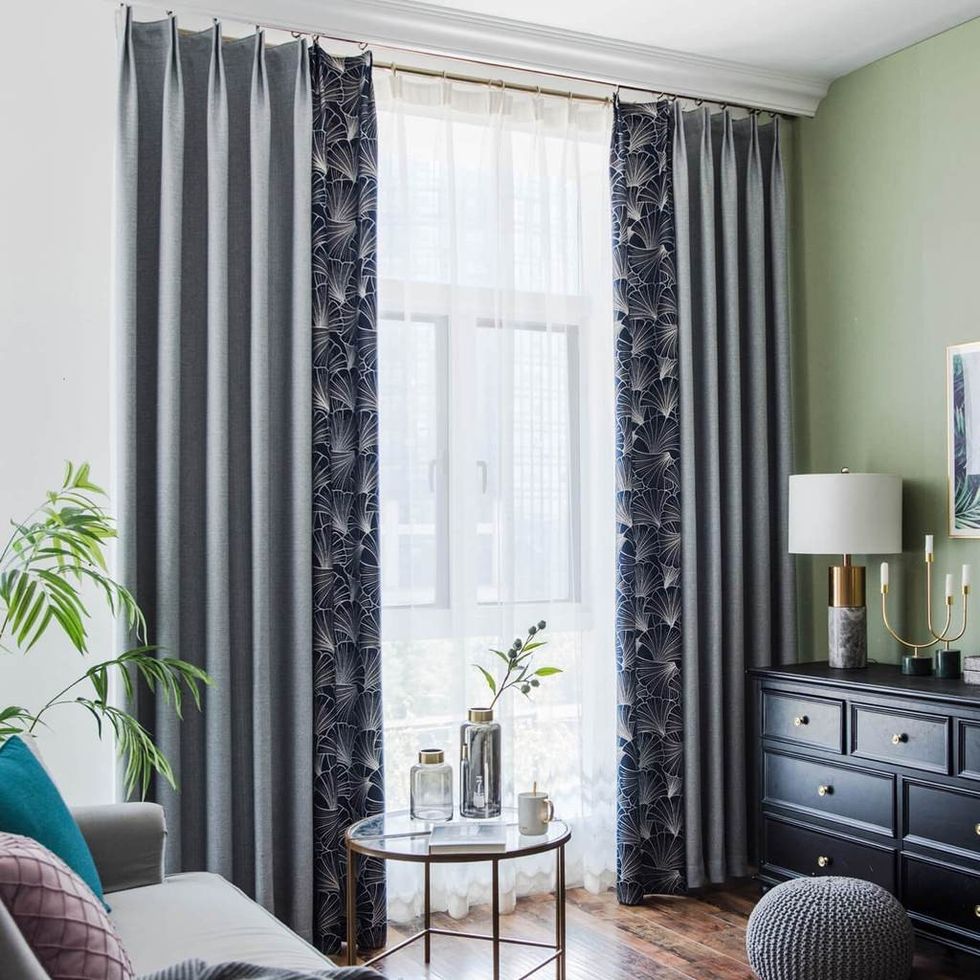 navy blue leaf gray splicing curtains bedroom blackout drapes for sale