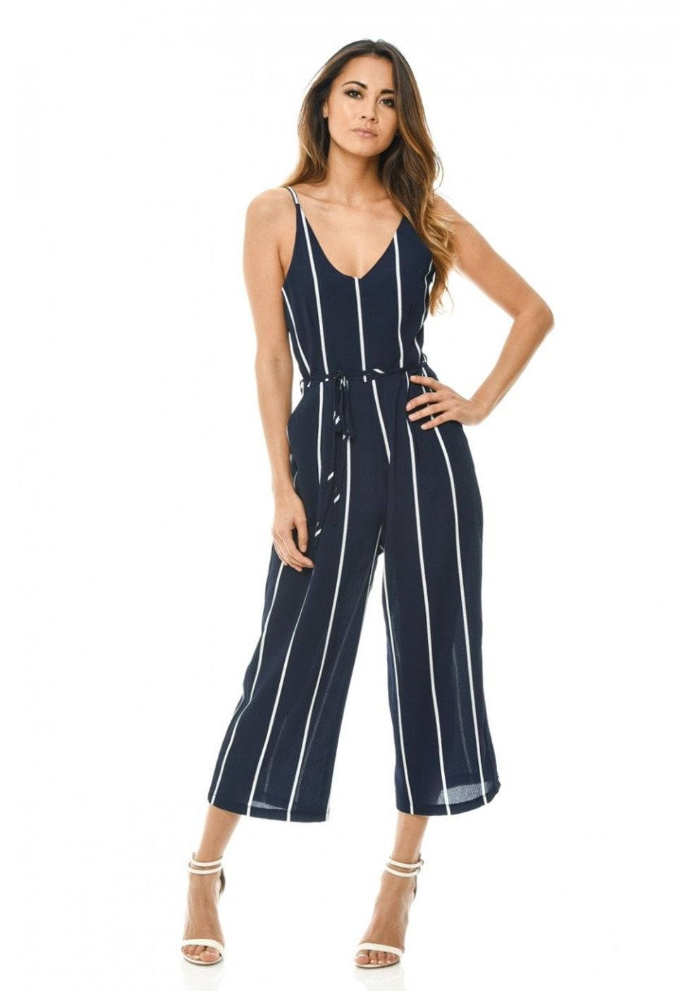 navy white sriped culotte jumpsuit v neck 3