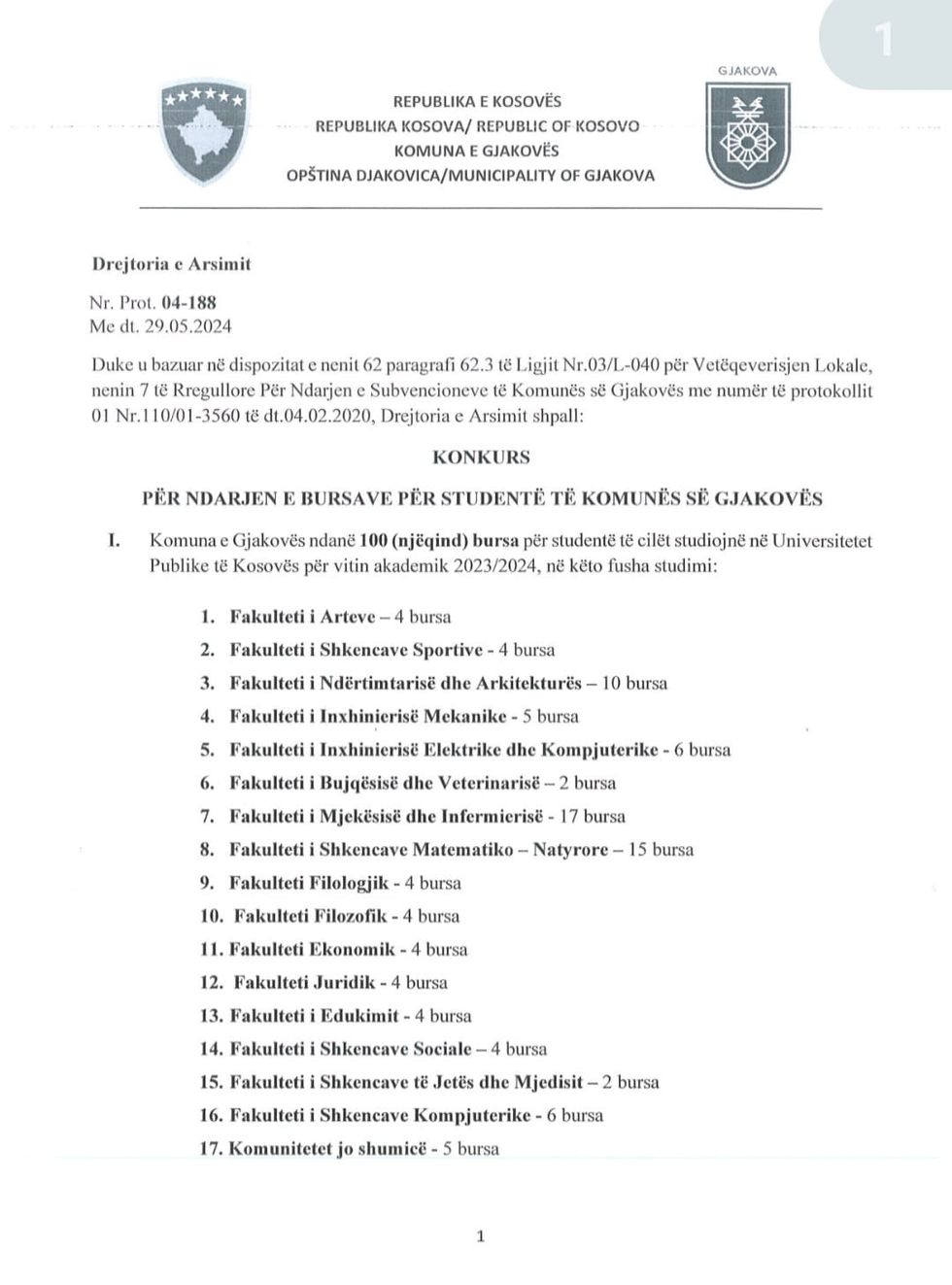 Ndarja e bursave per fusha te ndryshme studimi DKA Gjakove