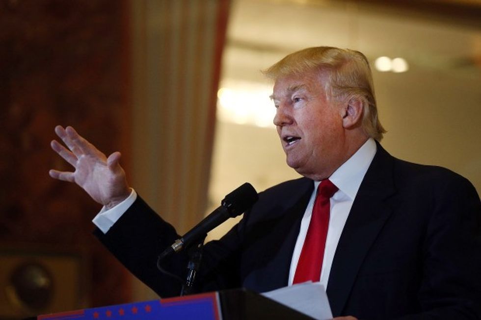 NEW YORK, NY - MAY 31: Republican presidential candidate Donald Trump speaks at a news conference at Trump Tower where he addressed issues about the money he pledged to donate to veterans groups following a skipped a debate in January before the Iowa caucuses on May 31, 2016 in New York City. Trump had previously said he had raised $6 million at the nationally broadcast fund-raiser he attended instead of the debate and that he would donate it all to veterans groups. (Photo by Spencer Platt/Getty Images)