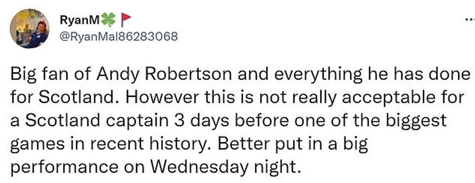 One fan felt Robertson's drinking was unacceptable given that Scotland play on Wednesday