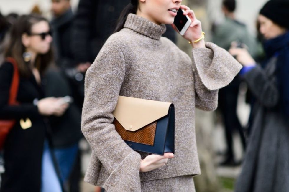 oversized cuffs turtleneck swaeter sweater set skirt and sweater set pfw street style elle 1