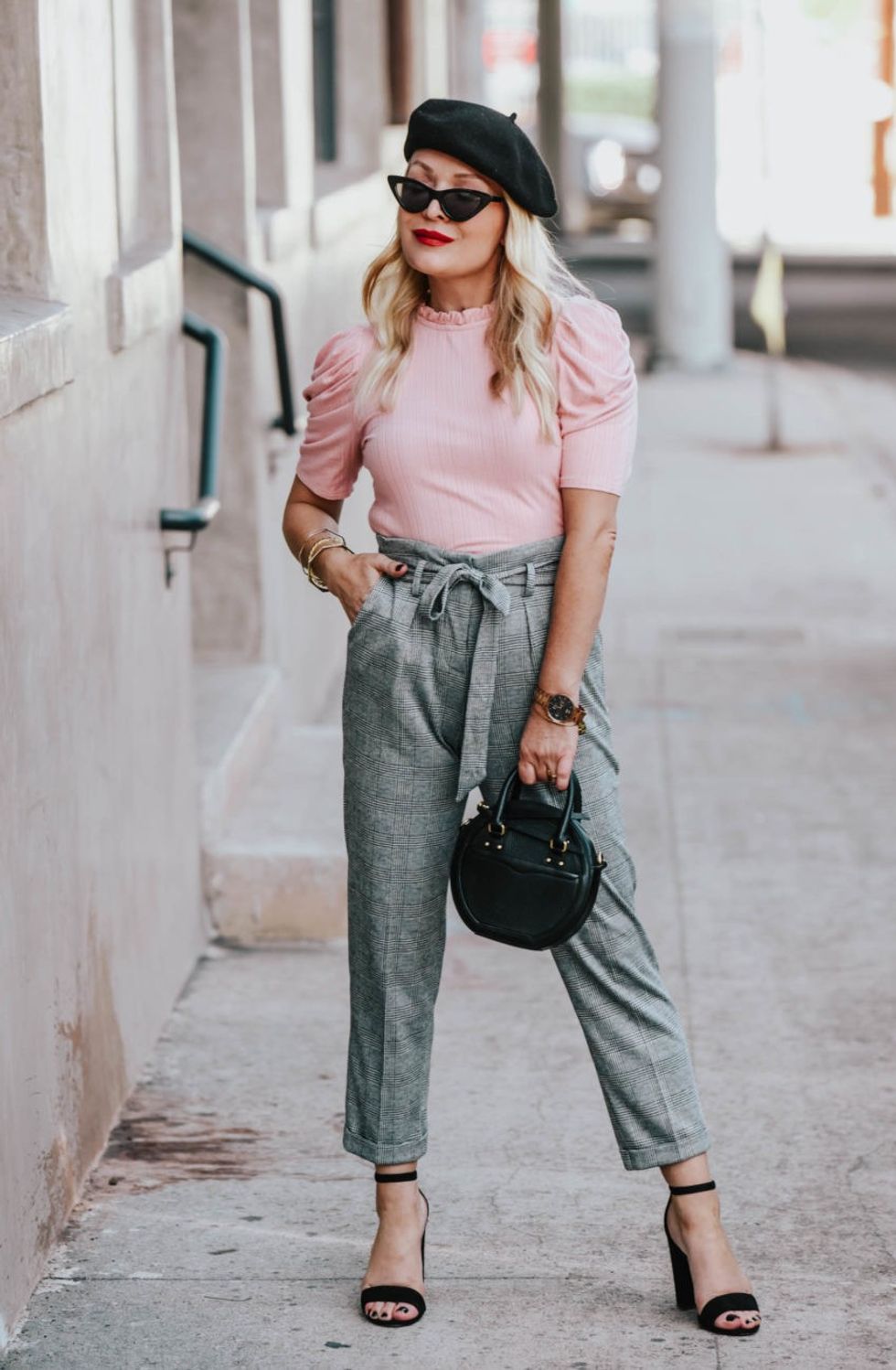 ozn4h9 l hat beret greyhat pants greypants highwaistedpants pink shoes platformshoes springoutfits