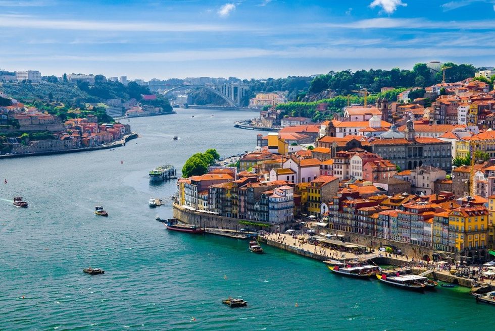 Panoramic view of Old Porto Oporto city and Ribeira over Douro river from Vila Nova de Gaia Portugal Image