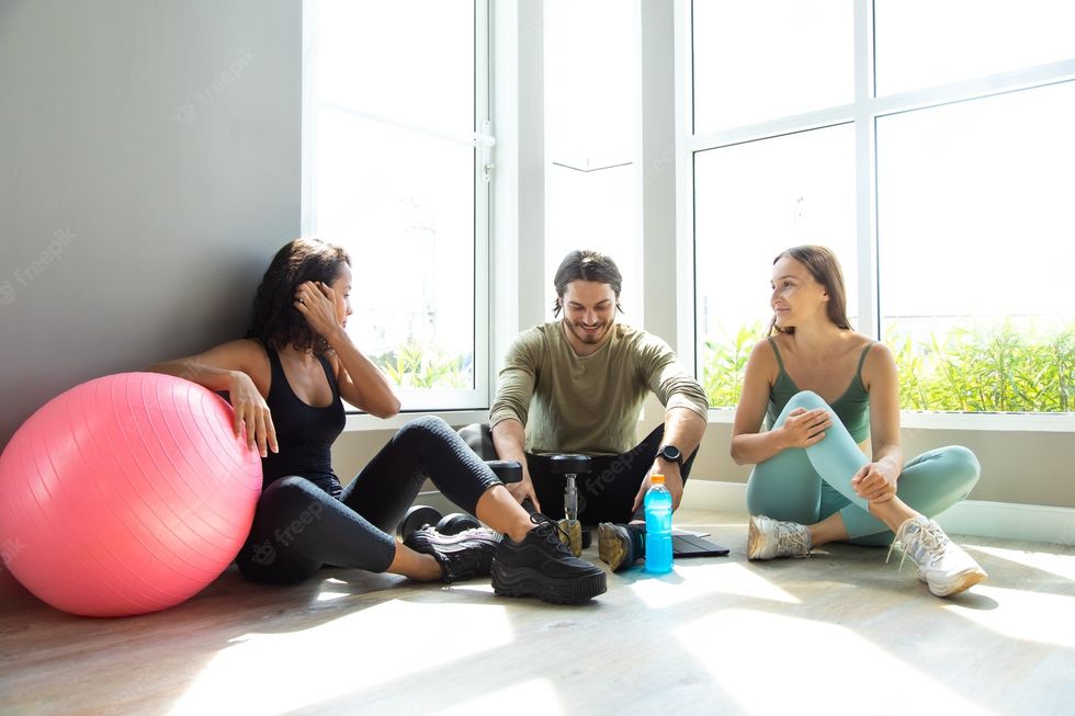 people talking laughing happy together after workout gym healthy lifestyle sport concepts 38052 410