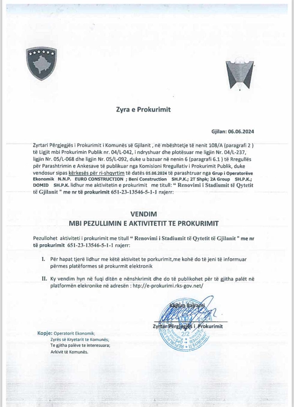 pezullimi i tenderit te stadiumit te gjilanit