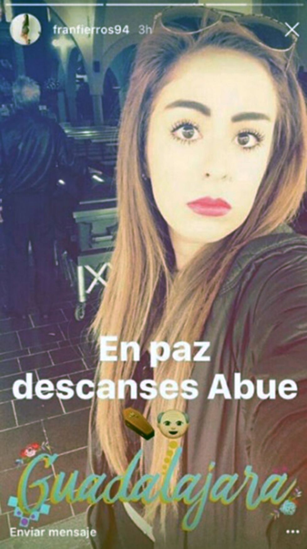 Pic shows: Francia Fierros Palomino pictured at the funeral. A young woman has come under fire on social media after she posted a selfie - taken at her grandfather's funeral with the coffin in the background. The woman, named Francia Fierros Palomino on Facebook, snapped herself in the church where the funeral of her grandfather took place, in the city of Guadalajara, in the western Mexican state of Jalisco, and posing with makeup and black dress. She received several critics for her sensual pose and was nicknamed by netizens as LadyFuneral. She posted online the selfie in the church with the message