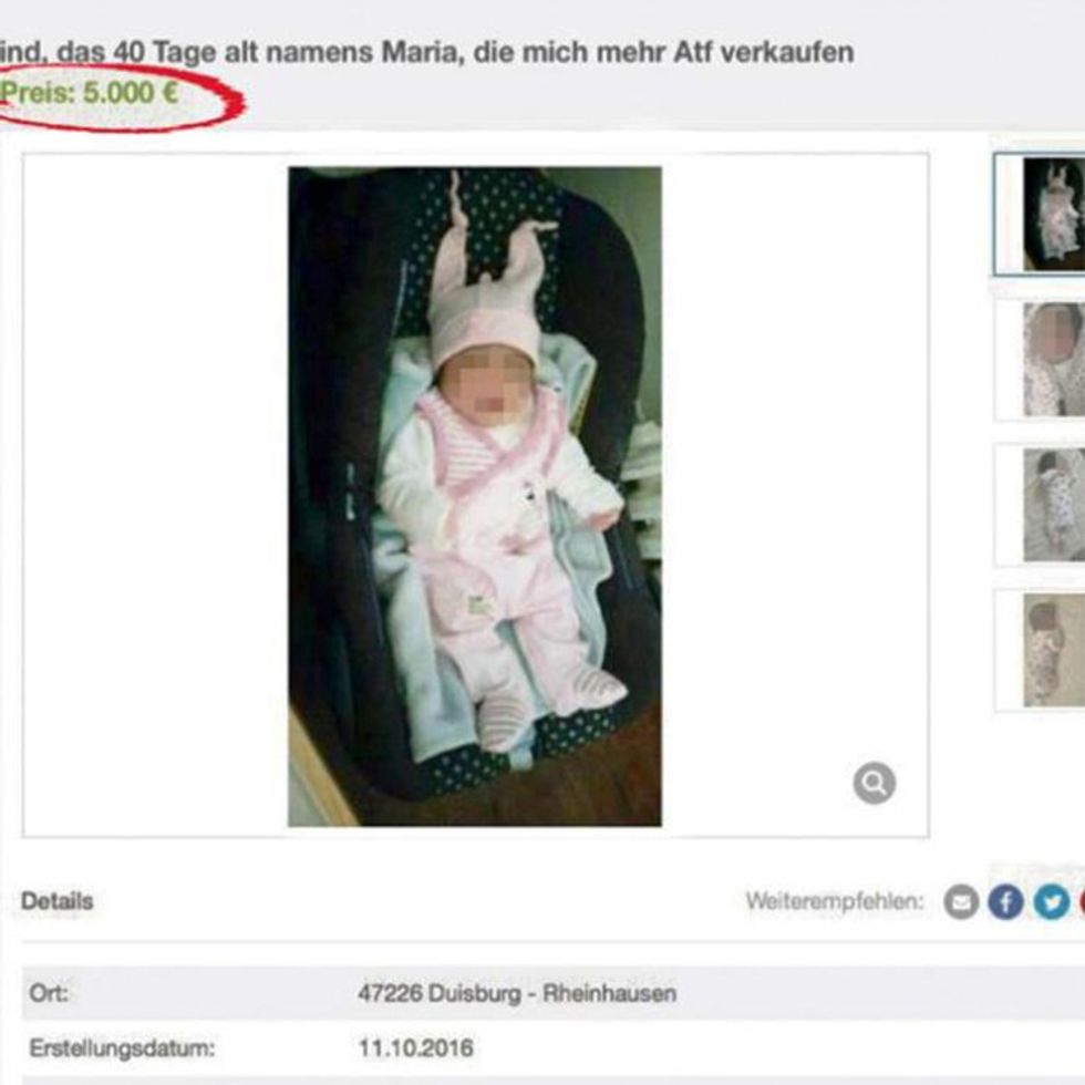 Pic shows: The newborn baby that has been offered for sale on Ebay. Police are investigating after a baby girl was put up for sale on the eBay online auction website. The one-month-old tot, called Maria, was put up for sale with offers invited over 5,000 EUR (4,510 GBP). According to the listing, which was taken down by eBay within 30 minutes, Maria lives in the city of Duisburg in western Germany's state of North Rhine-Westphalia. The seller included photographs of dark-haired Maria wearing a variety of sleepsuits in the listing which was entitled: