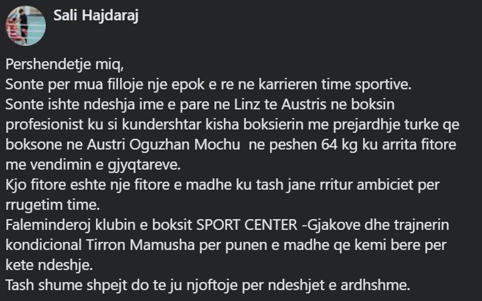 Postimi ne Facebook Sali Hajdaraj