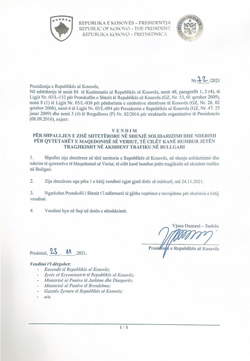 Presidentja Osmani e shpalle te merkuren dite zie shteterore per viktimat e aksidentit tragjik ne Bullgari 1