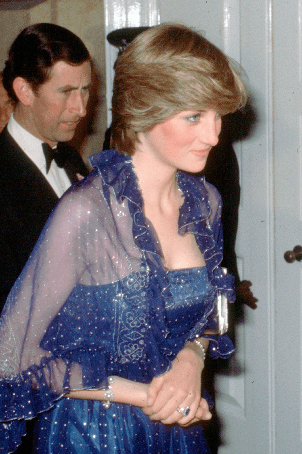 princess diana fashion before royalty blue evening gown and sheer shawl 1610123788