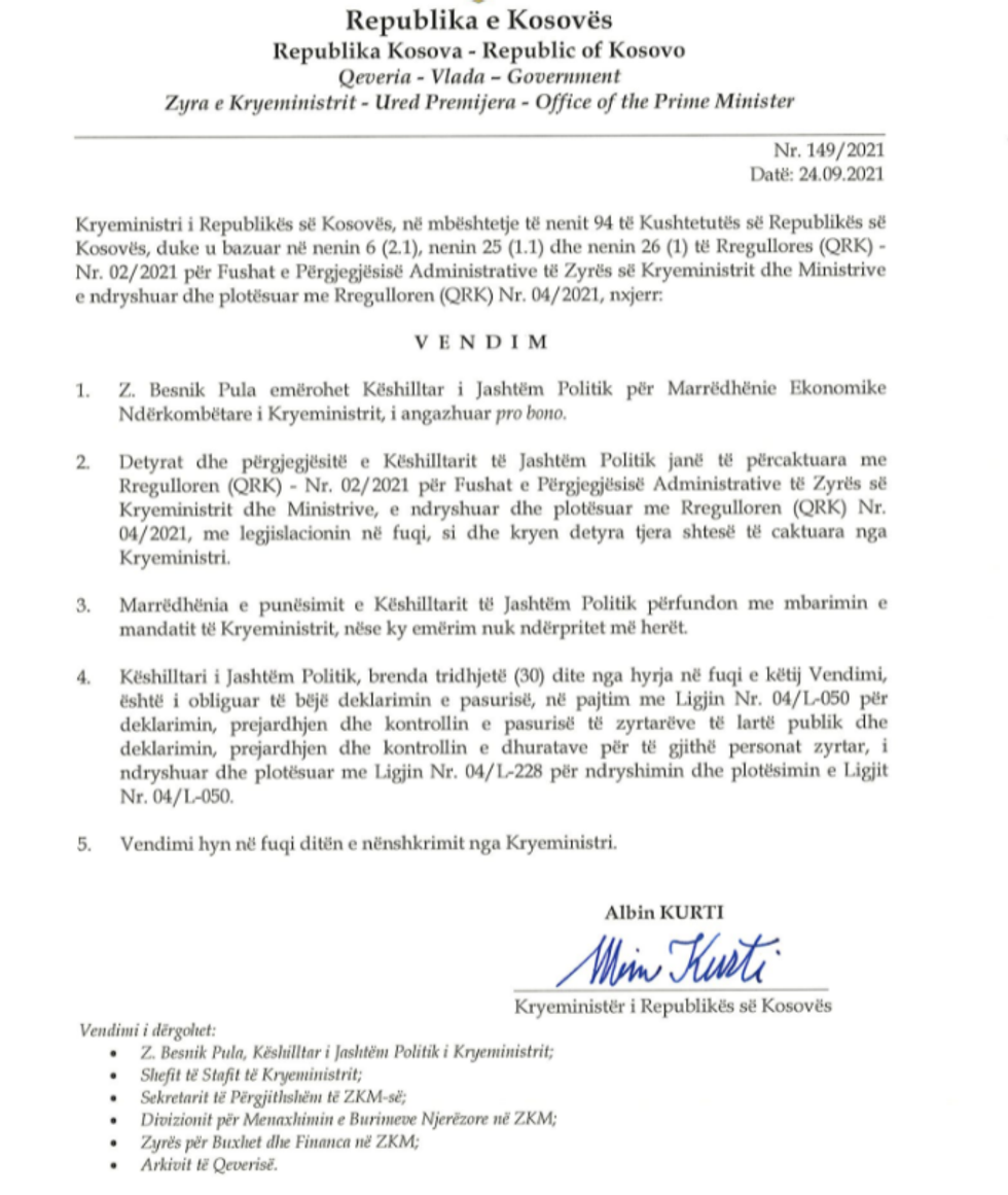 Qeveria e Kosoves Besnik Pula