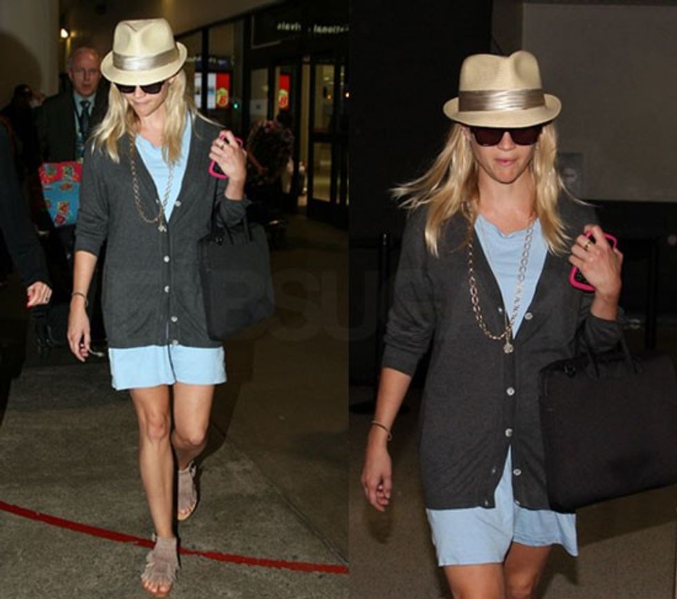 Reese Witherspoon Fedora Blue Dress LAX Flying Back From Italy