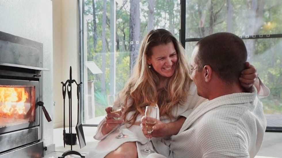 romantic couple wood fiire