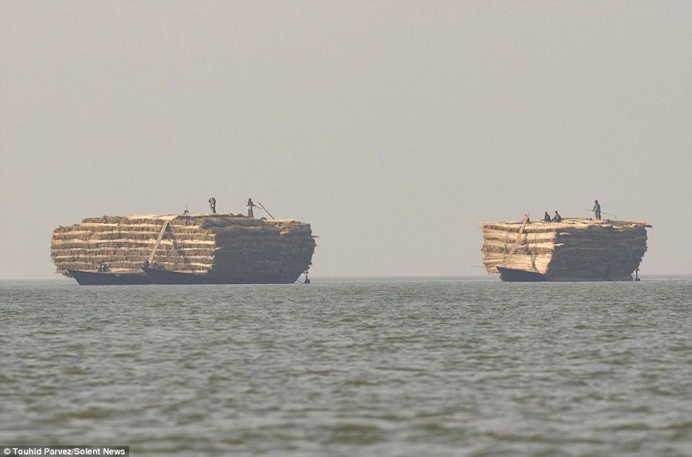 Sasia enorme e sanës transportohet e vendosur siper dy barkave foto 3