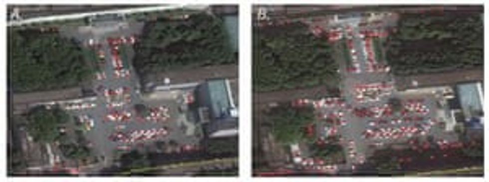 Satellite images of a Wuhan Tianyou hospital car park in October 2018 (L) and October 2019.