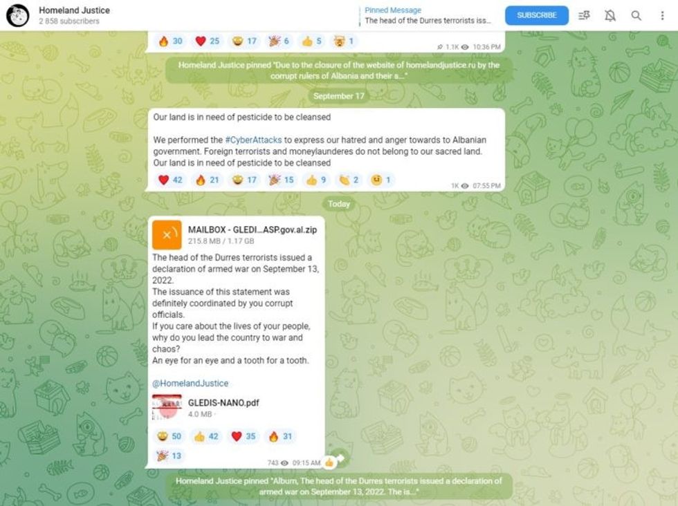 Screenshot kanali Telegram Homeland Justice 1