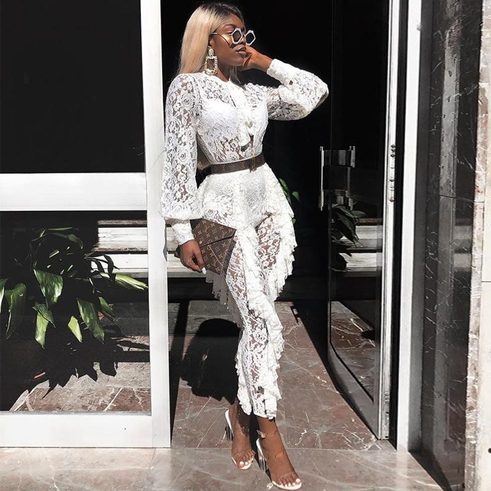 Sexy Outfits White Lace Jumpsuit Women Transparent See Through Elegant Ruffle Romper Party Evening Celebrity Clubwear