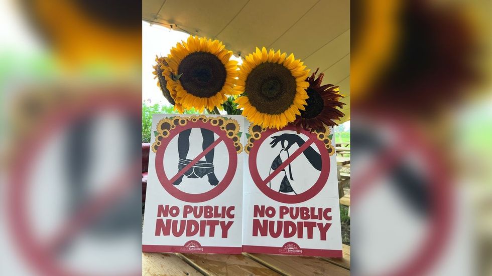 Signs have been posted around a British sunflower farm after visitors were spotted stripping off in public view.
