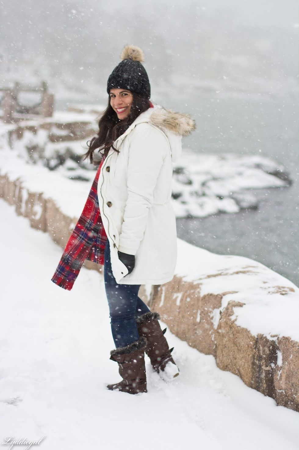 snow outfit white parka plaid scarf pom hat 6