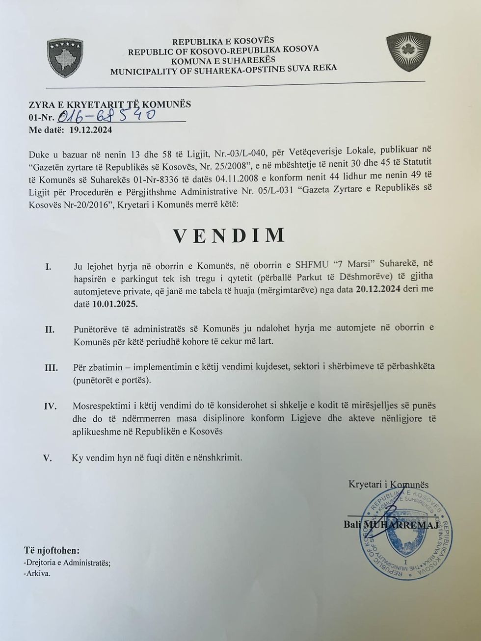 suhareka parkingjet vendimi