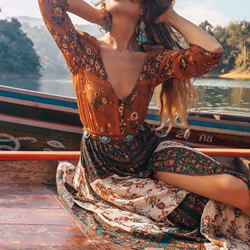 Summer Fashion Print Bohemian Long Dress Women Floral Patchwork Casual Beach Maxi Dresses Sexy Split Holidays