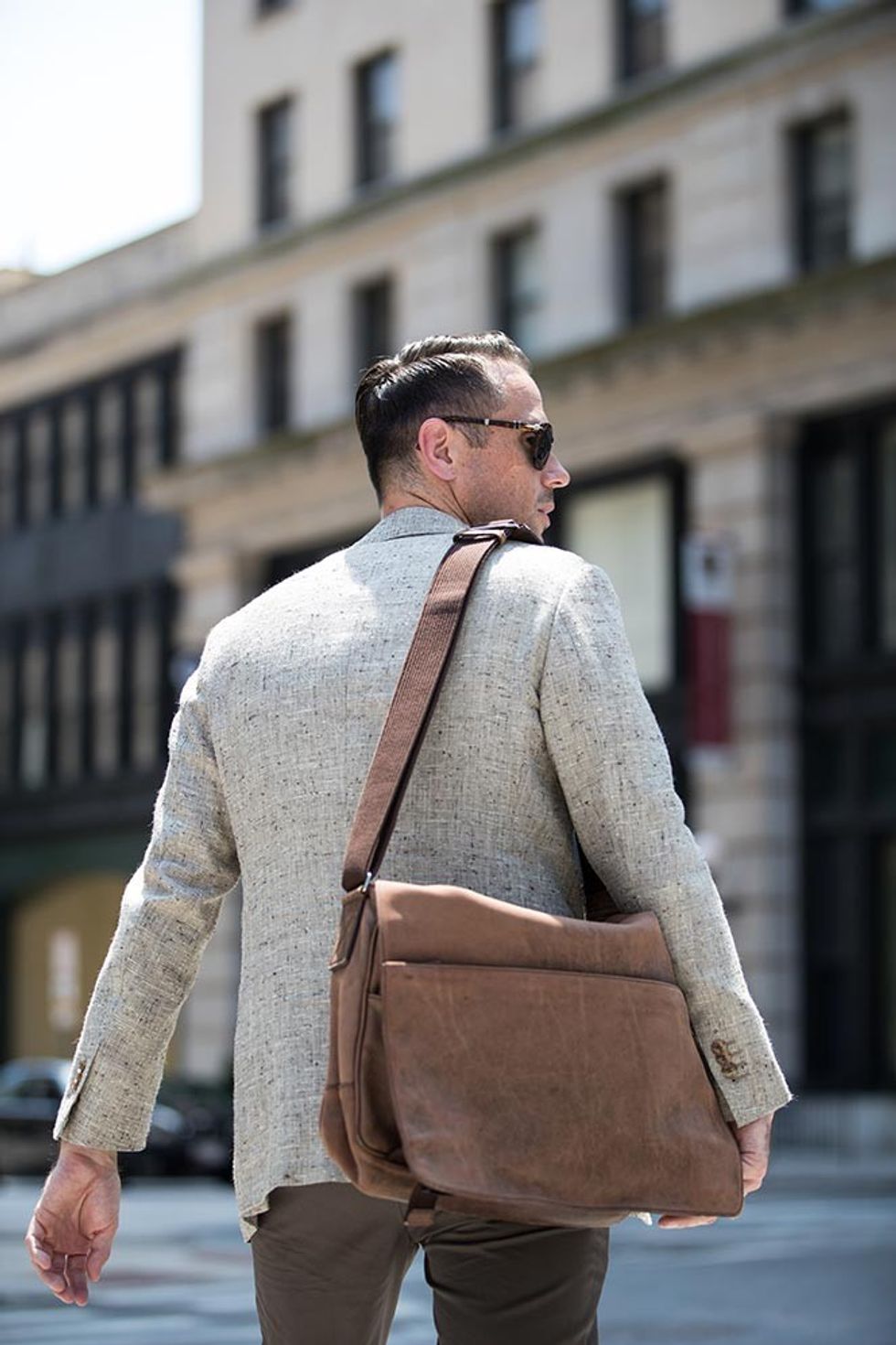 tan linen blazer with henley brown cotton pants messenger bag persol 714 steve mcqueen sunglasses mens sharp casual summer outfit ideas 6