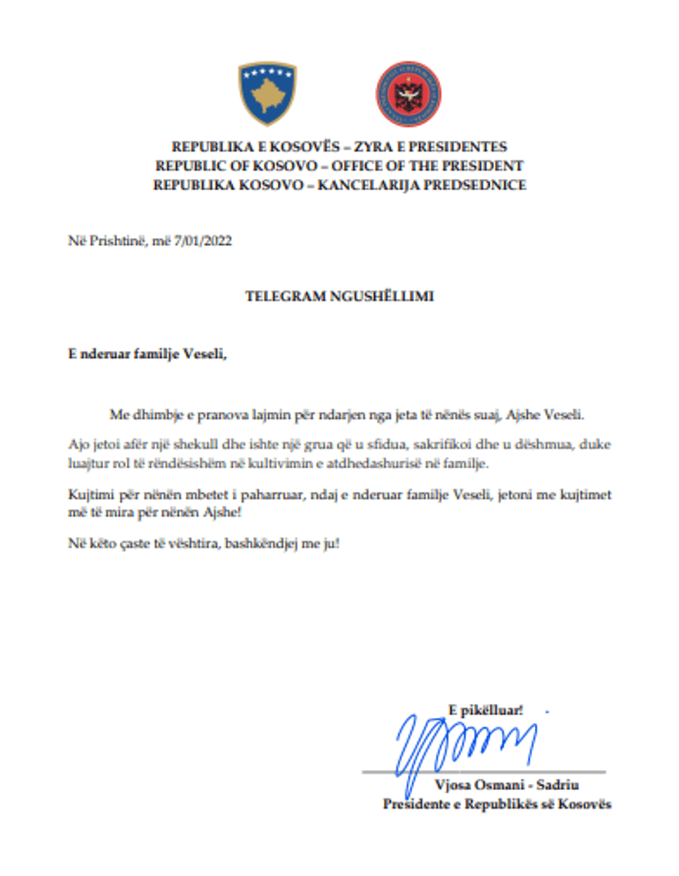 Telegam ngushellimi Vjosa Osmani