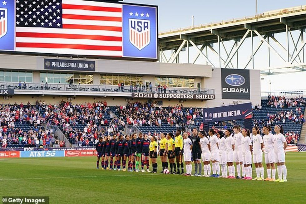 The United States players during the playing of the national anthem before a game between Uzbekistan and USWNT at Subaru Park on April 12 in Chester, Pennsylvania