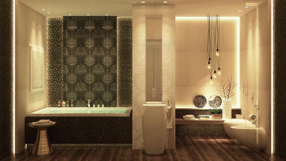 uncategorized-beautiful-modern-bathroom-design-idea-with-alcove-bathtub-style-and-floral-wallpaper-decor-and-mosaic-wall-tiles-accent-also-freestanding-sink-and-hang-ceiling