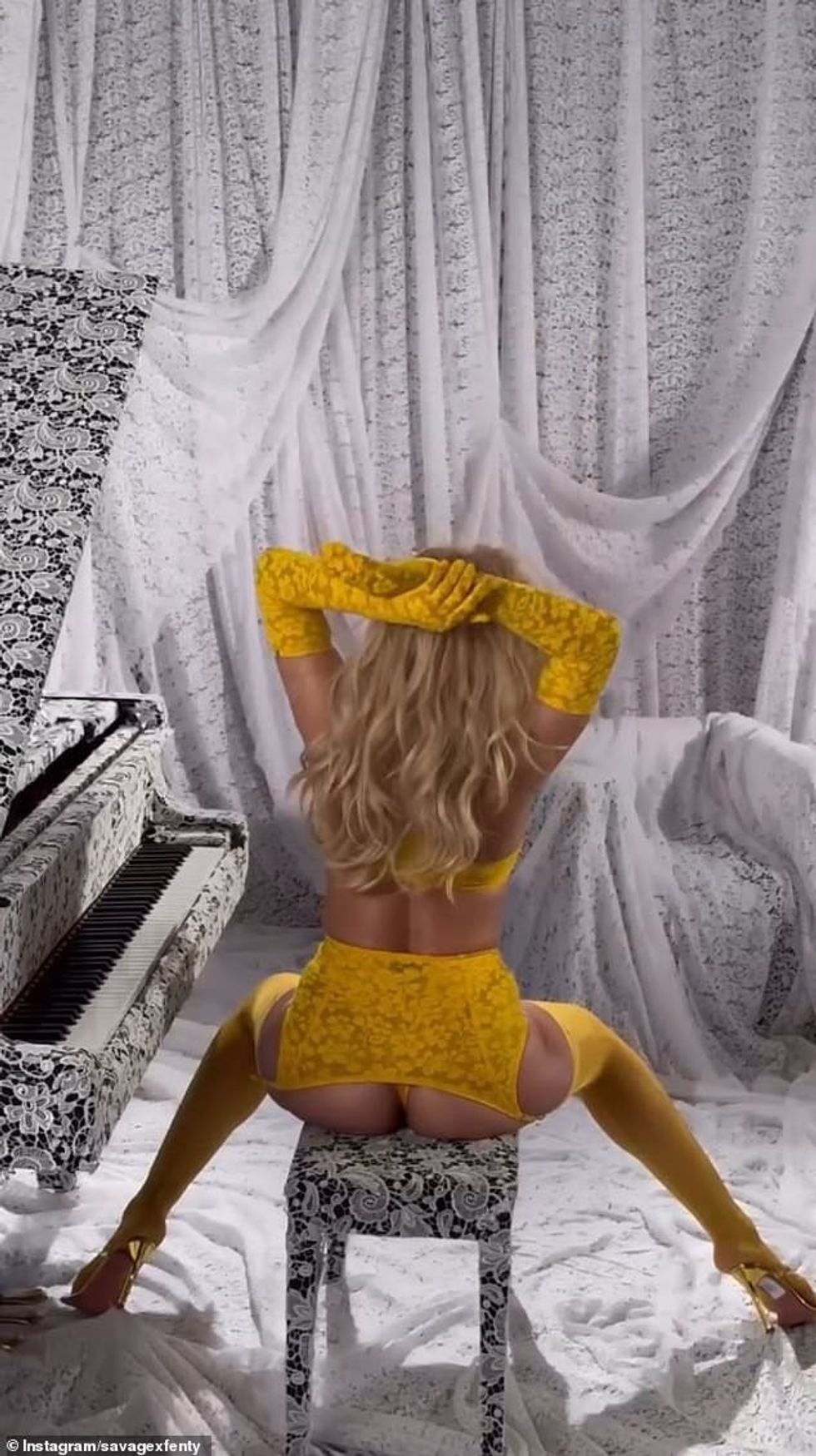Uploaded to Instagram on Thursday, the clip showed the singer, 36, flaunting her curves in a yellow lace lingerie set from the brand's Lavish Lace collection