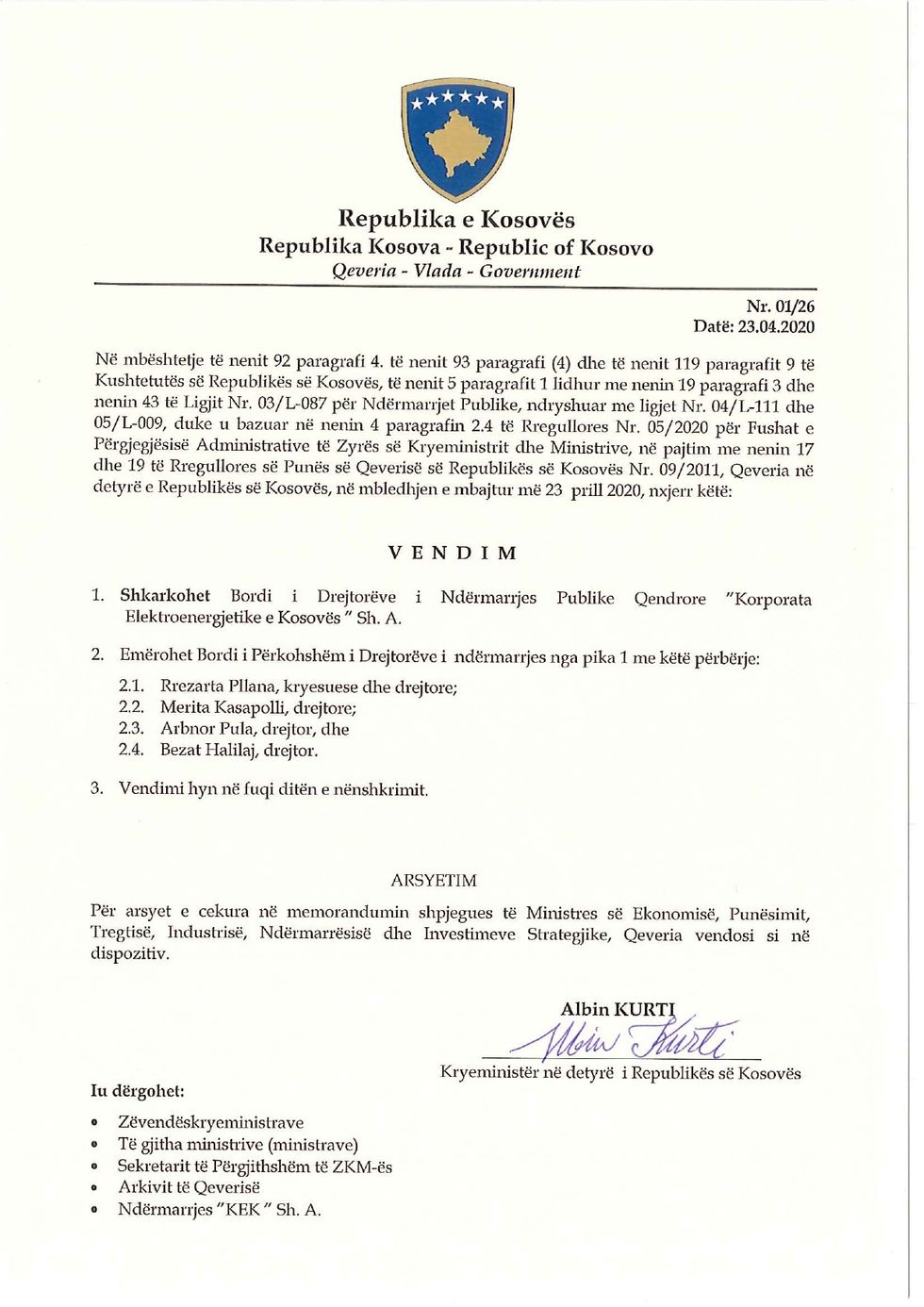 Vendimet e mbledhjes së 26 të të Qeverisë page 0001