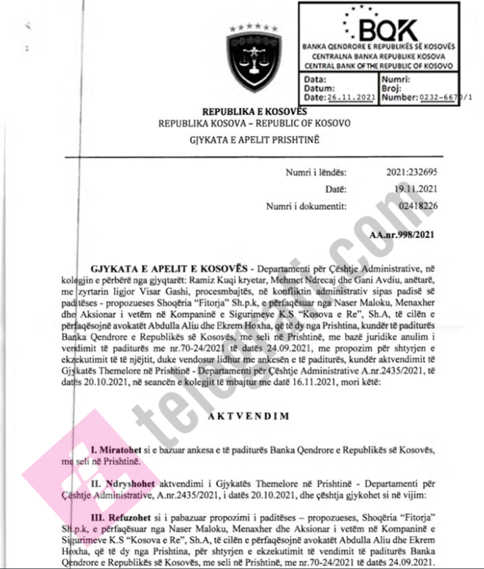 Vendimi i Gjykates BQZ Kosova e Re