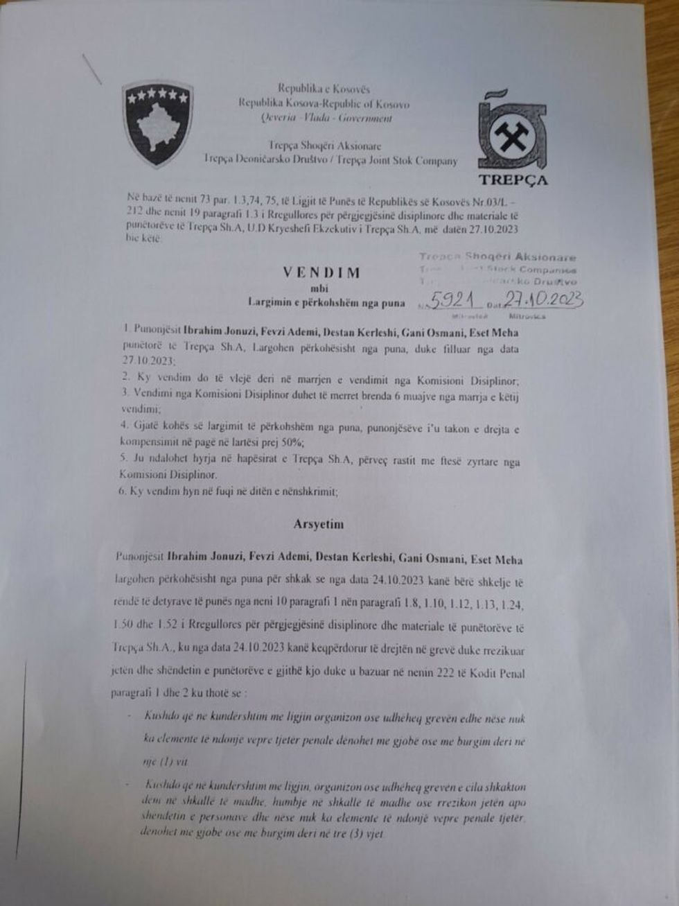 Vendimi i Kryeshefit Ekzekutiv te Trepces 1 1