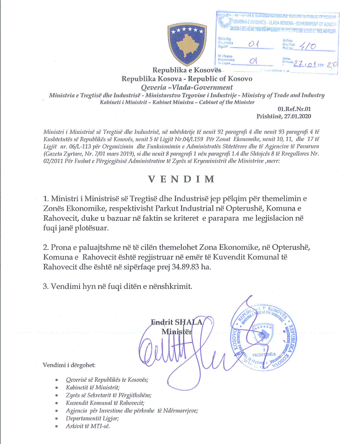 vendimi zona ekonomike e Rahovecit 1