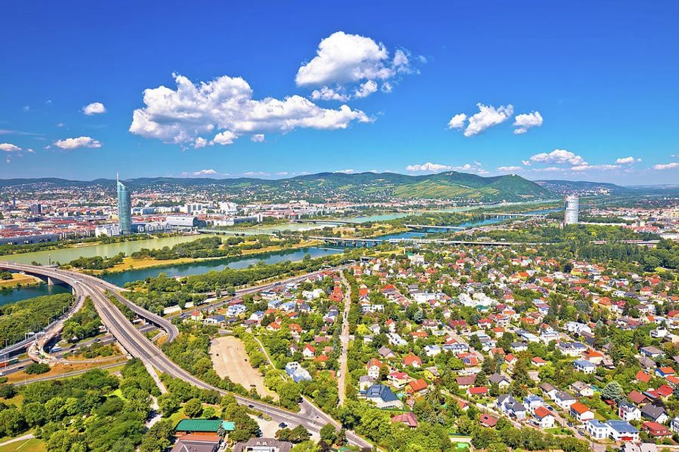 vienna aerial view of northern vienna cityscape and danube rive brch photography