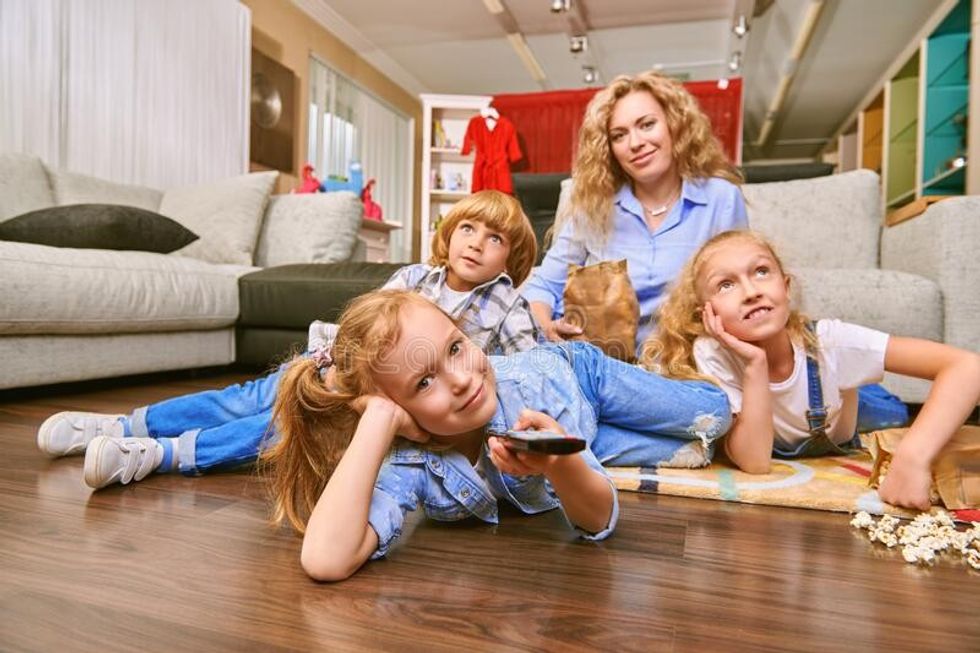 watching movies tv happy family life home mother spends time her adorable children watching tv living room 214310288