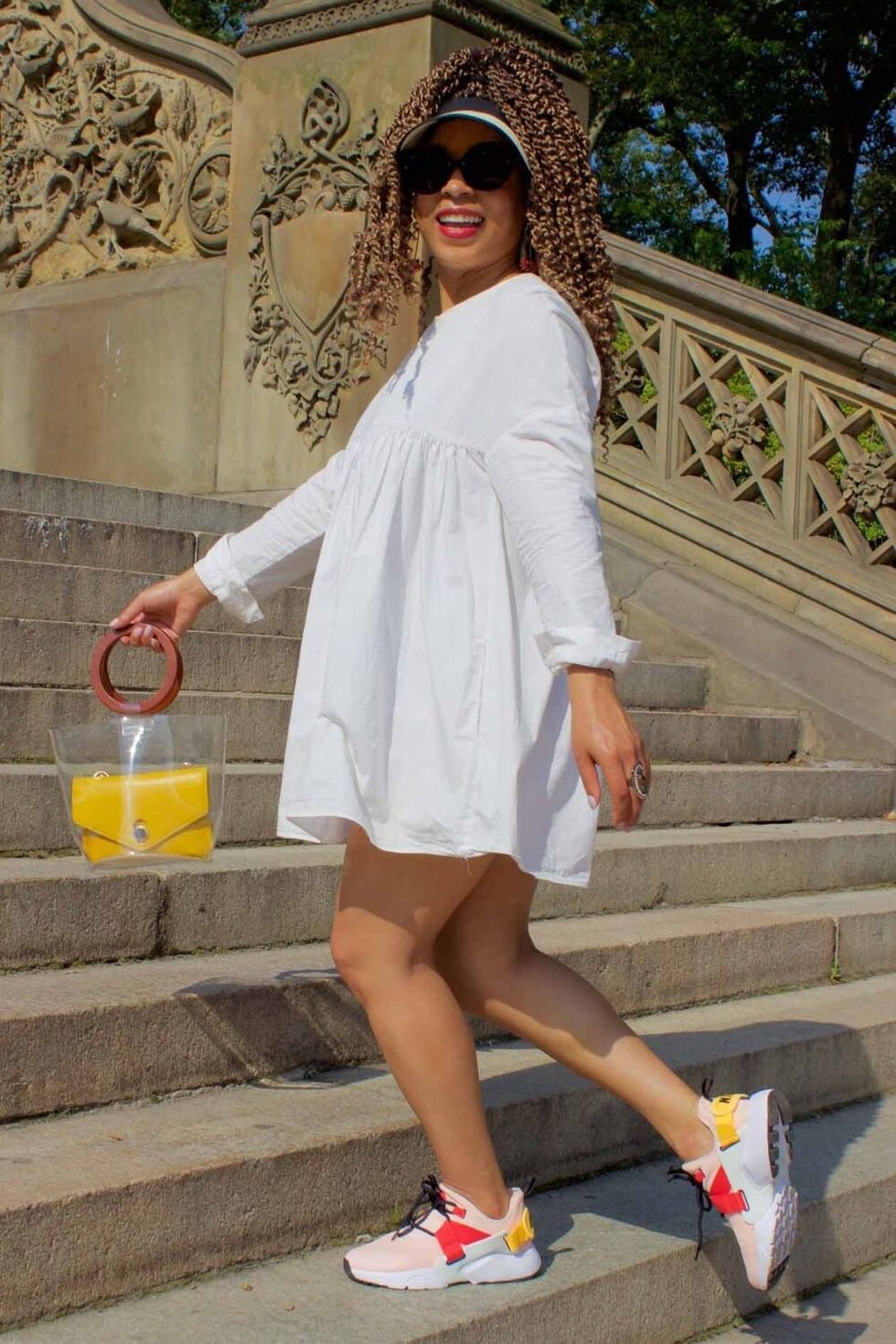 white dress babydoll yellow bag brun visor sun peach shoe sneakers spring summer ring lunch