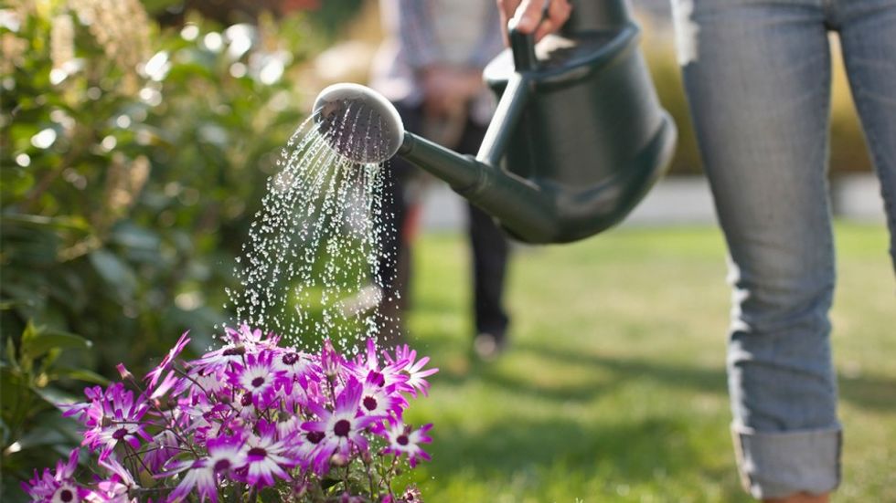 Woman watering flowers