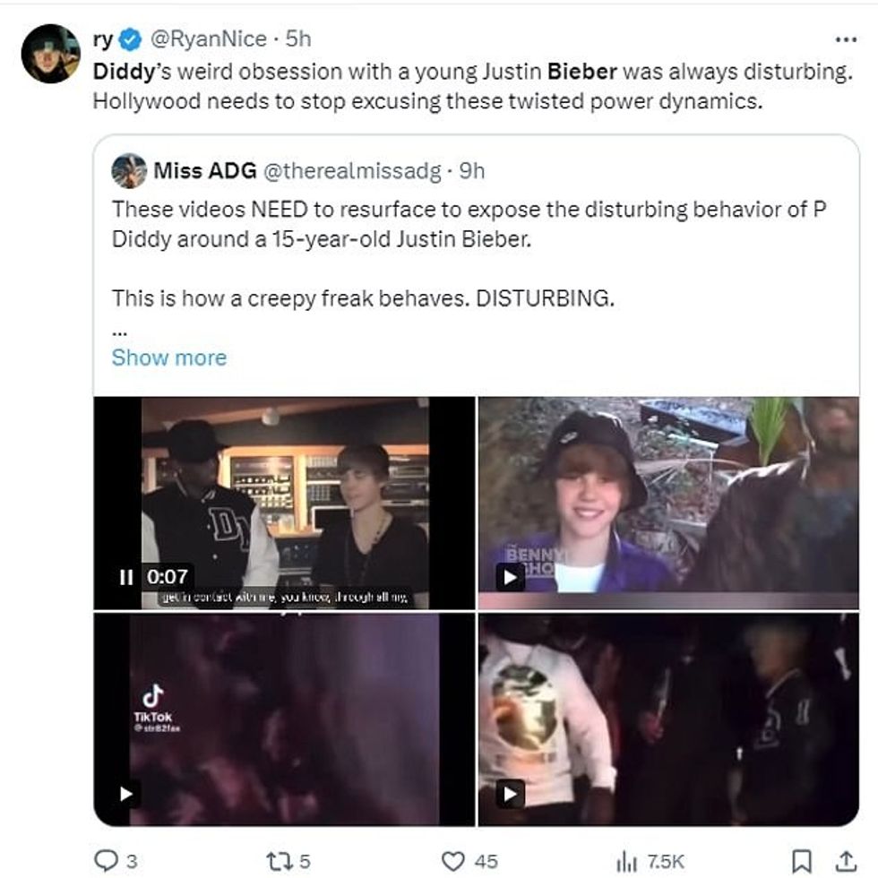 X/ Përdoruesit e Twitter-it e kanë cilësuar filmimin 'rrëqethës', ku shihet Diddy, i cili është 24 vjet më i madh se Bieber, duke dokumentuar '48 orët' e tij duke qëndruar me këngëtaren e re.
