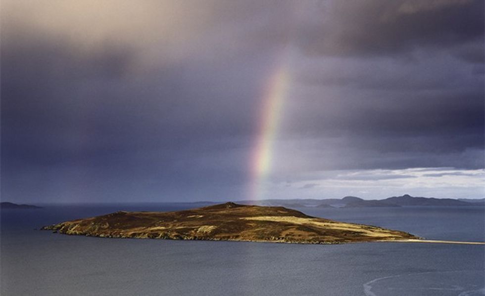 Yes it's true. The little island otherwise known as Little Gruinard was the targetted subject of some very doubtful government backed experimental biological weapons research during the 2nd World War. It seems they looked at a map and pinpointed this remote and beautiful area of Scotland as a perfect spot to render uninhabitable. Anthrax testing carried out necessitated the top soil being completely removed to make it, er safe!! The faint double rainbow is perhaps an ironic ray of hope for this little island. I doubt many folk will think it's an ideal holiday hideaway though.