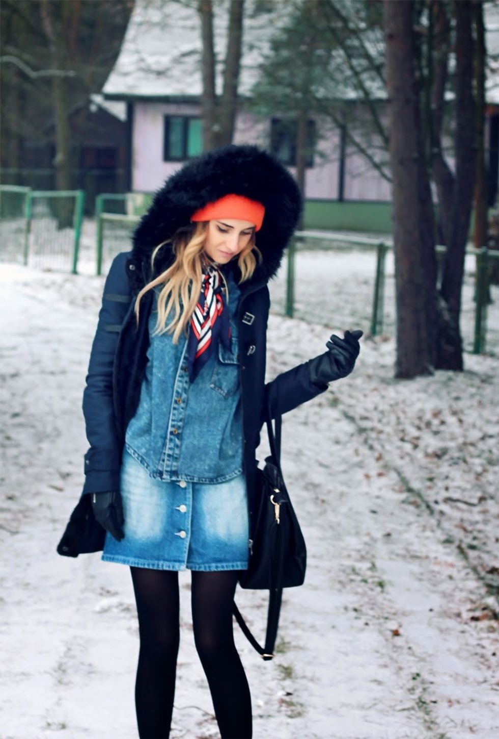 zara navy outer jacket parka orange beanie blonde fashion blogger street style blog casual vintage style winter clothes ootd teenvogue denim skirt denim sheinside shirt what to wear 750