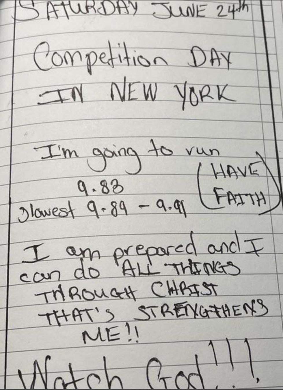 Zharnel Hughes ndau një foto të shënimeve të tij në Instagram ku shkruhej: “Dita e konkursit në Nju Jork. Unë do të vrapoj 9.83'.